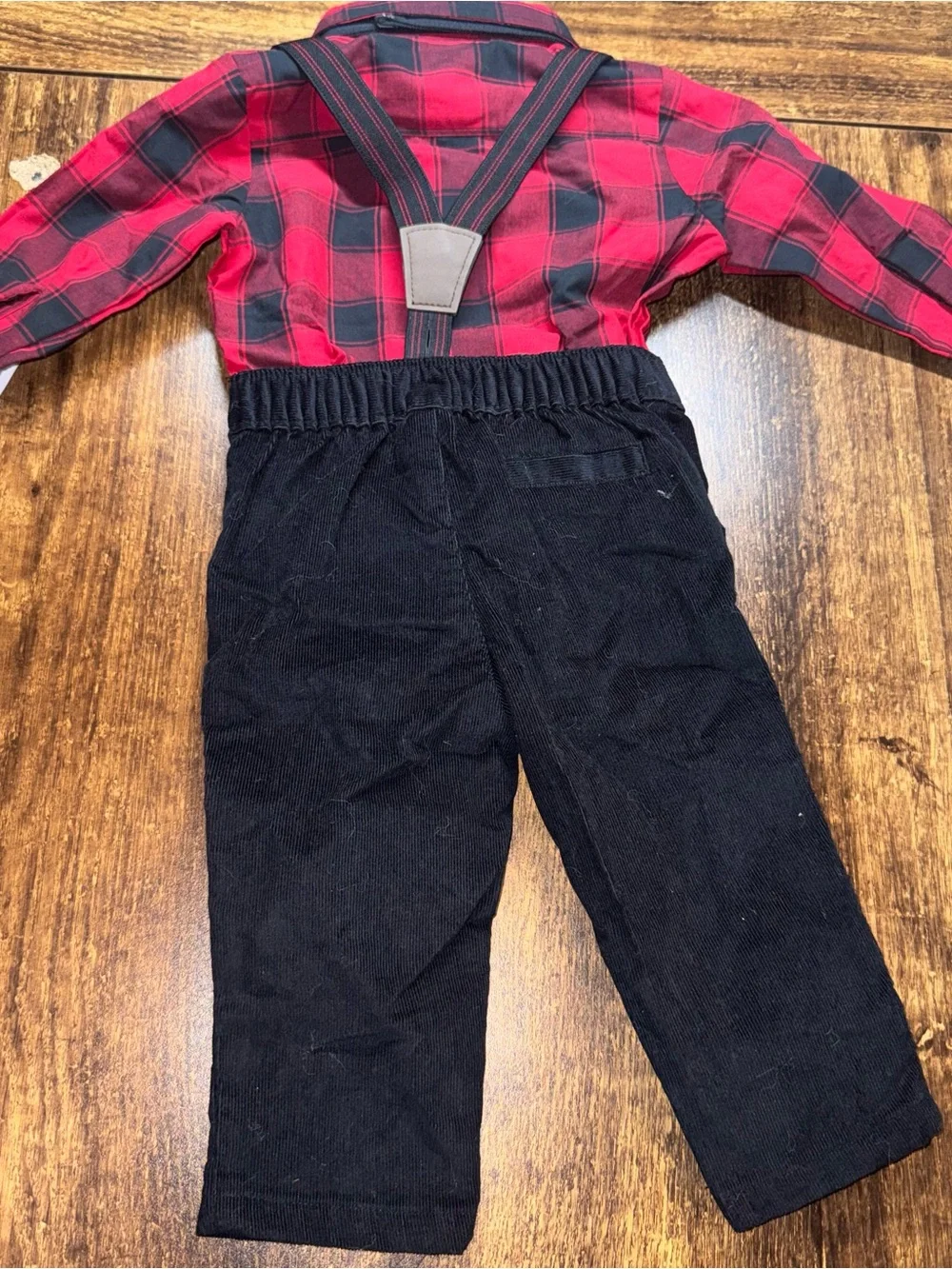 Cares Black Corduroy Kids Suspender Pants with Red Plaid Shirt Set 6M